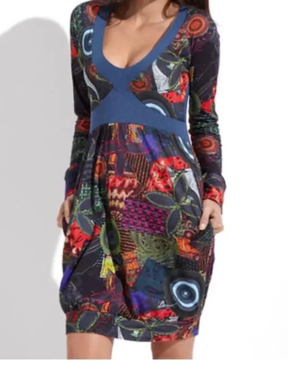 DESIGUAL Artsy Y2K Multi Color Print Long Sleeve V-Neck Cotton Dress size small